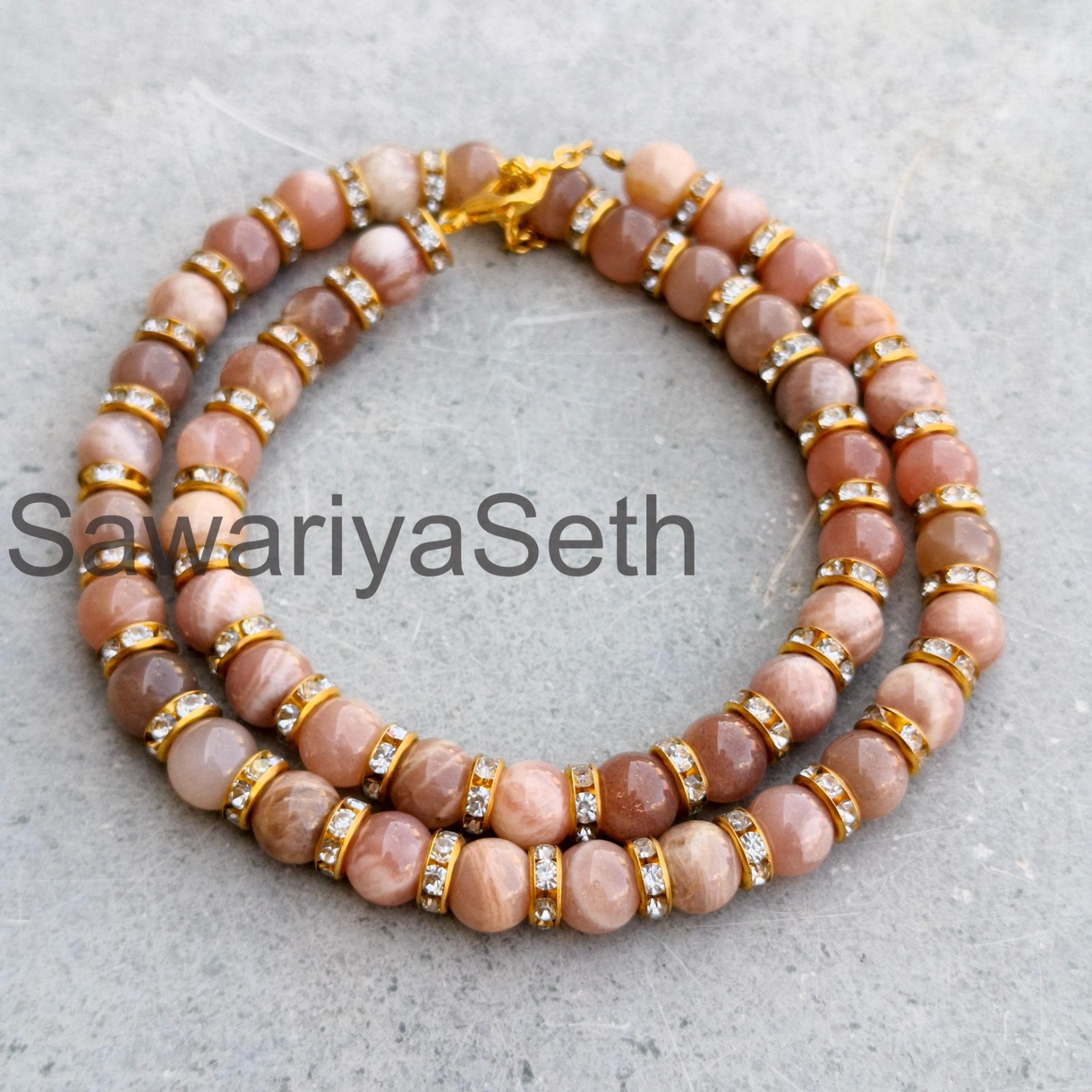 Brown Moonstone 8mm Beaded Necklace, Sterling Silver Clasp, June Birthstone Chok