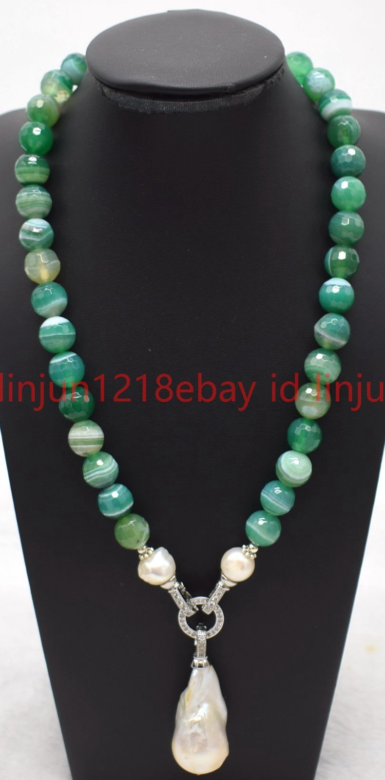 8mm Faceted Green Striped Agate Round White Baroque Pendant Necklace 16-32in