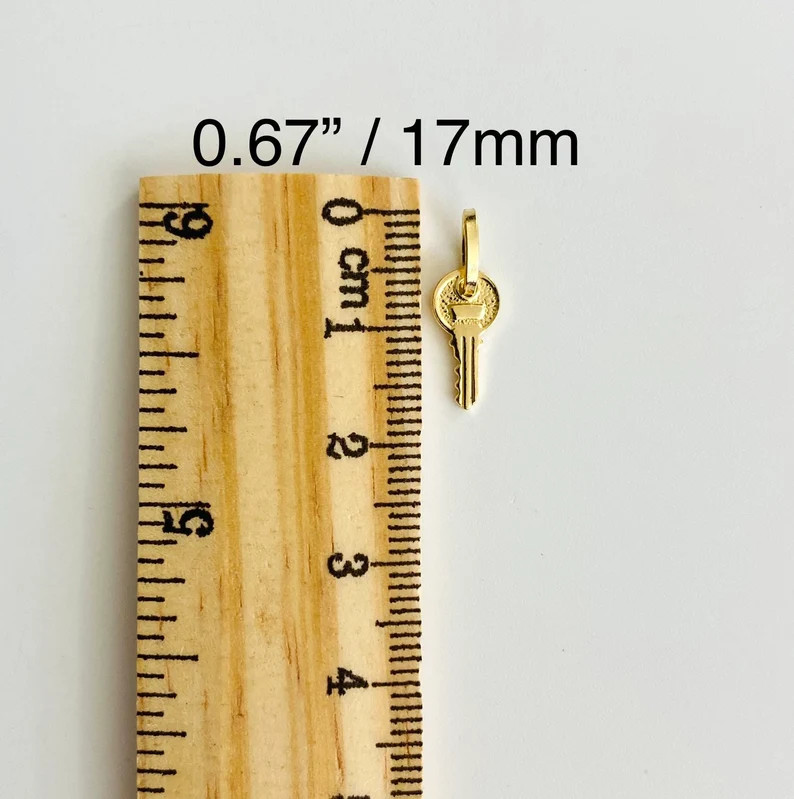 14K Solid Gold 17mm x 6mm Small Key Charm Pendant, 14K Solid Gold Key- PT465