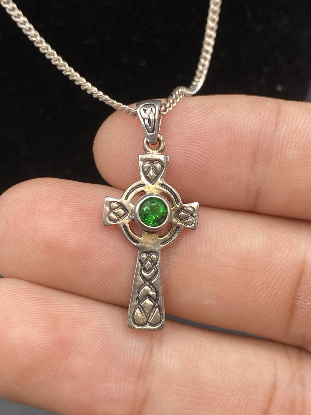 925 Celtic Cross Green CZ Pendant w/ 925 Double Curb Link Chain 19.5″ 5.59g