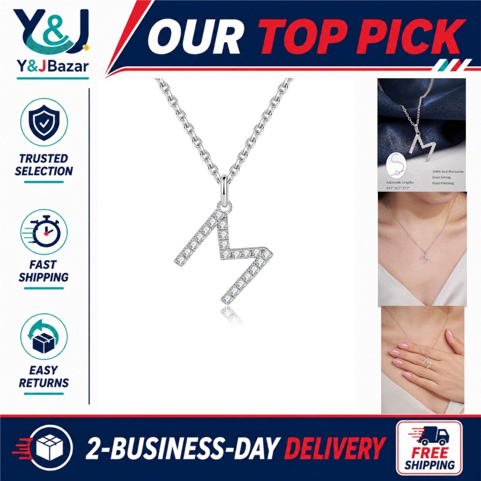 Moissanite Initial M Pendant Necklace Sterling Silver White Gold Plated