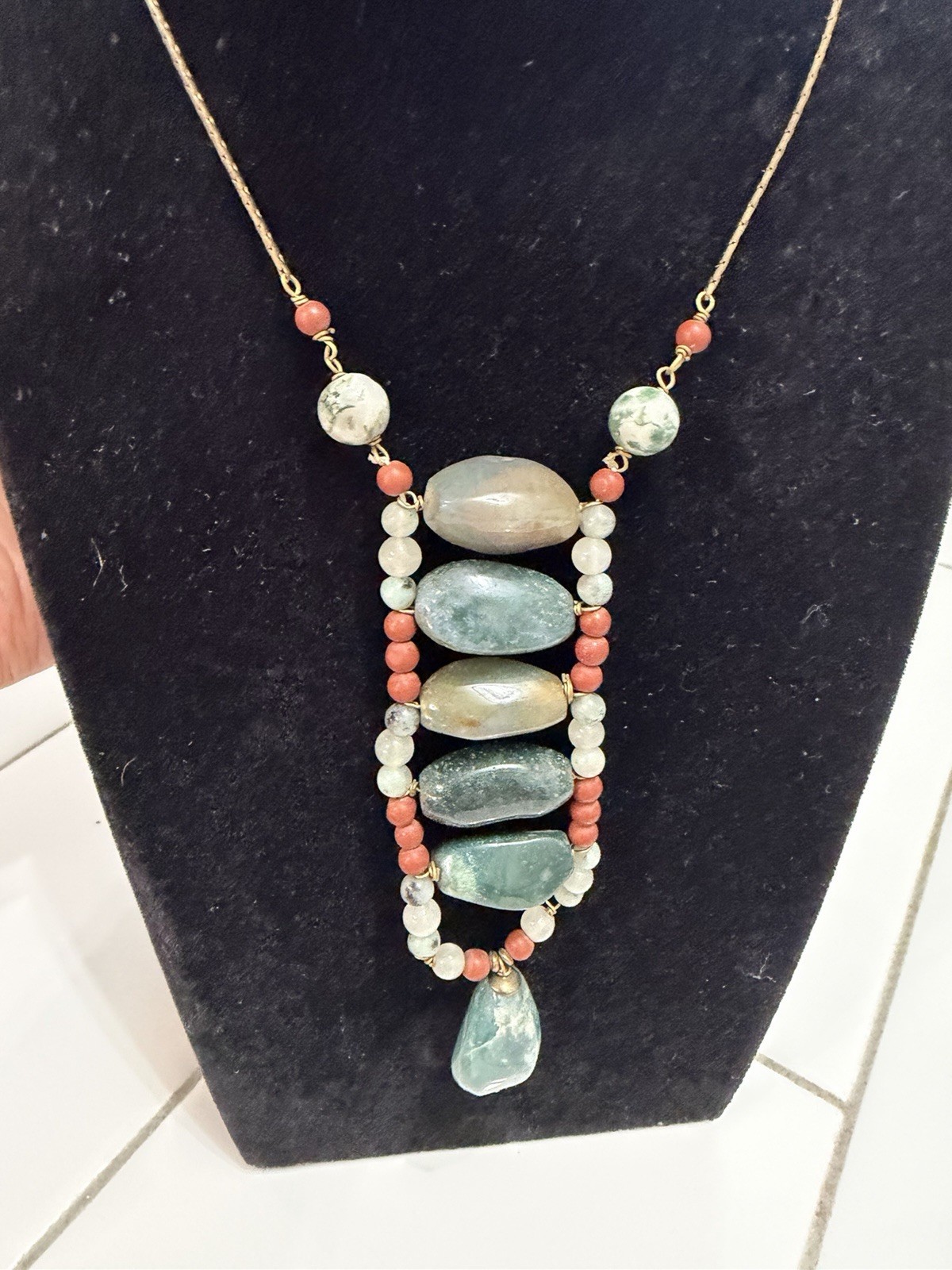 Multicolored Natural Gemstone Bead & Metal Necklace Adjustable Long