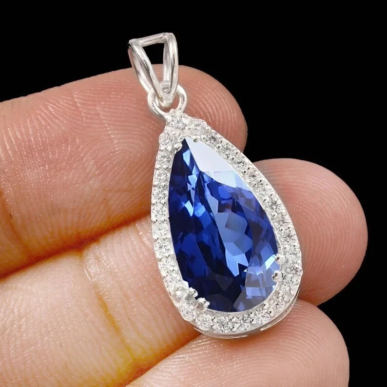 30 CT Natural Blue Sapphire Teardrop Pendant In 925 Sterling Silver with Chain