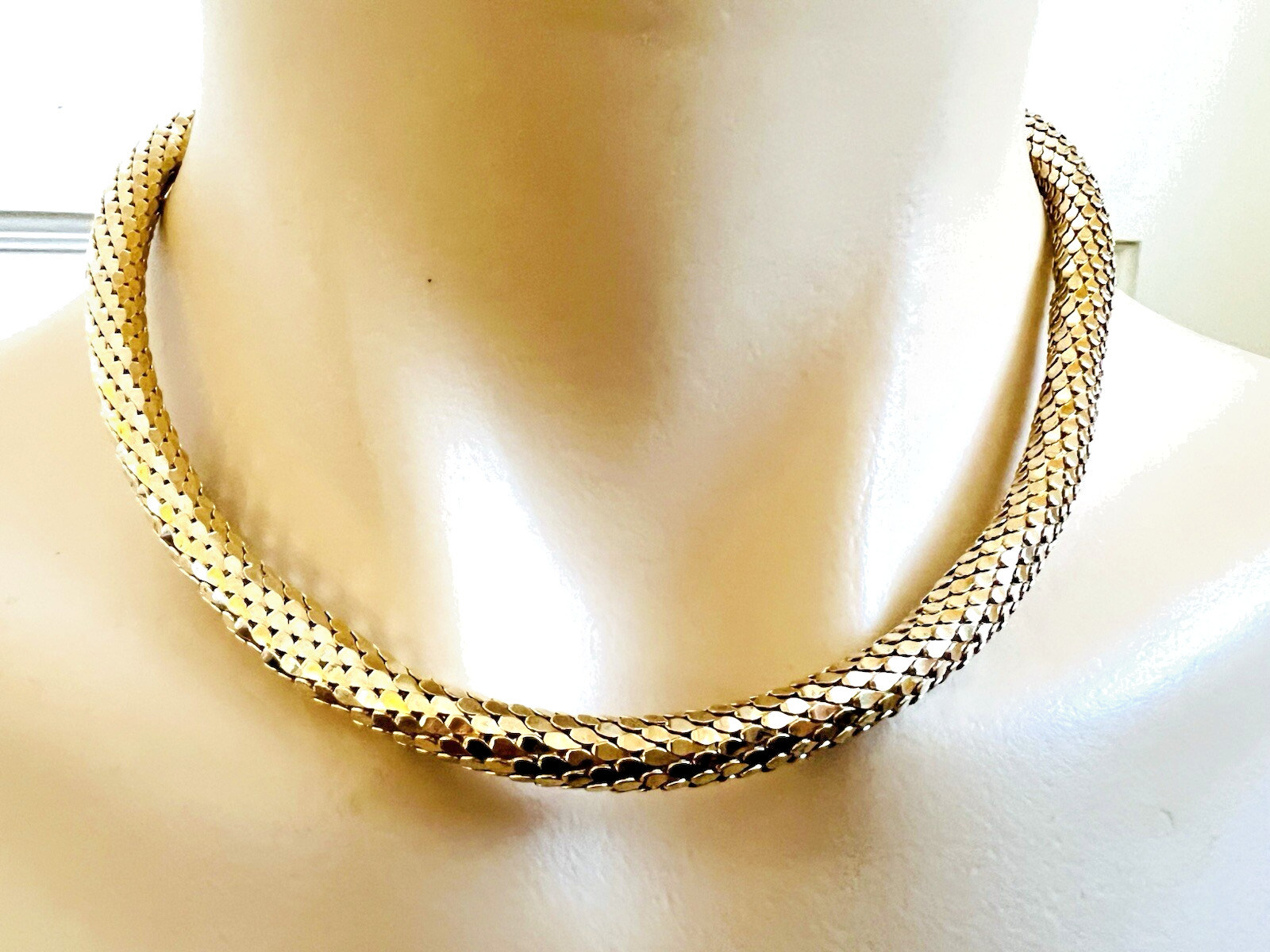 Gold Plated 925 Sterling Silver Round Snake Scales Choker Chain Necklace 17.5″ L