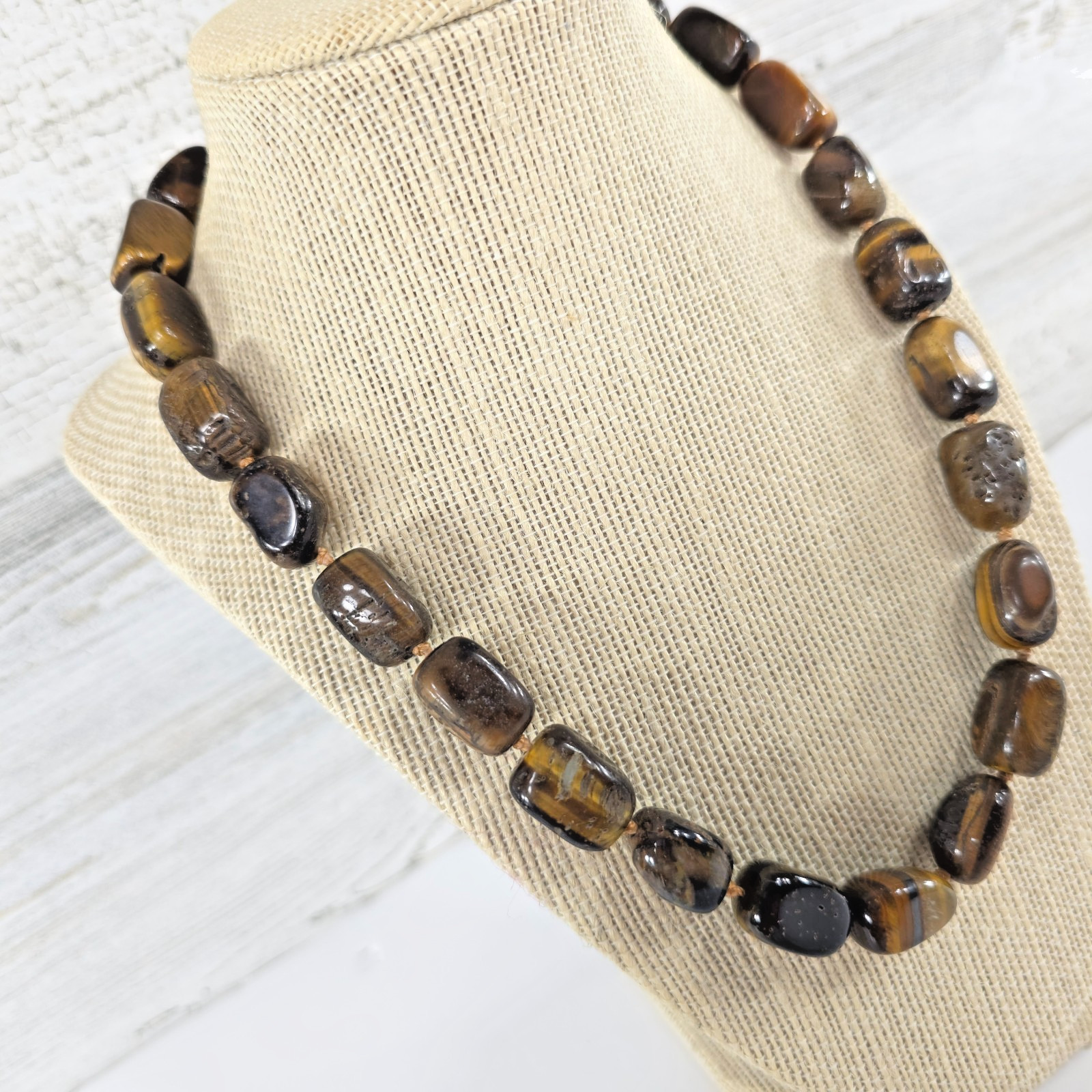 TIGER’S EYE NATURAL GEMSTONE NECKLACE WITH STERLING SILVER .925 20 in 110gr …