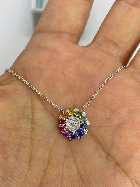 1.20Ctw Round Lab Created Multicolor Flower Pendant 14K White Gold Plated Chain