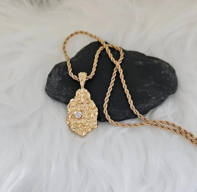14K Yellow GoldPlatedDiamond Nugget Charm Pendant w/24″ Chain Necklace For Men’s