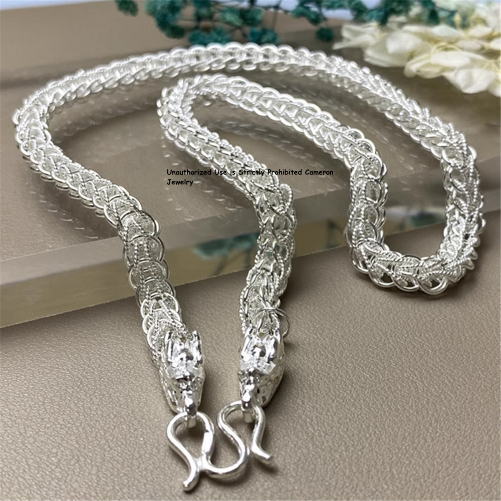 Pure 999 Fine Silver Chain Double Dragon 10mm Wheat Link Necklace 70-71g 23.6in