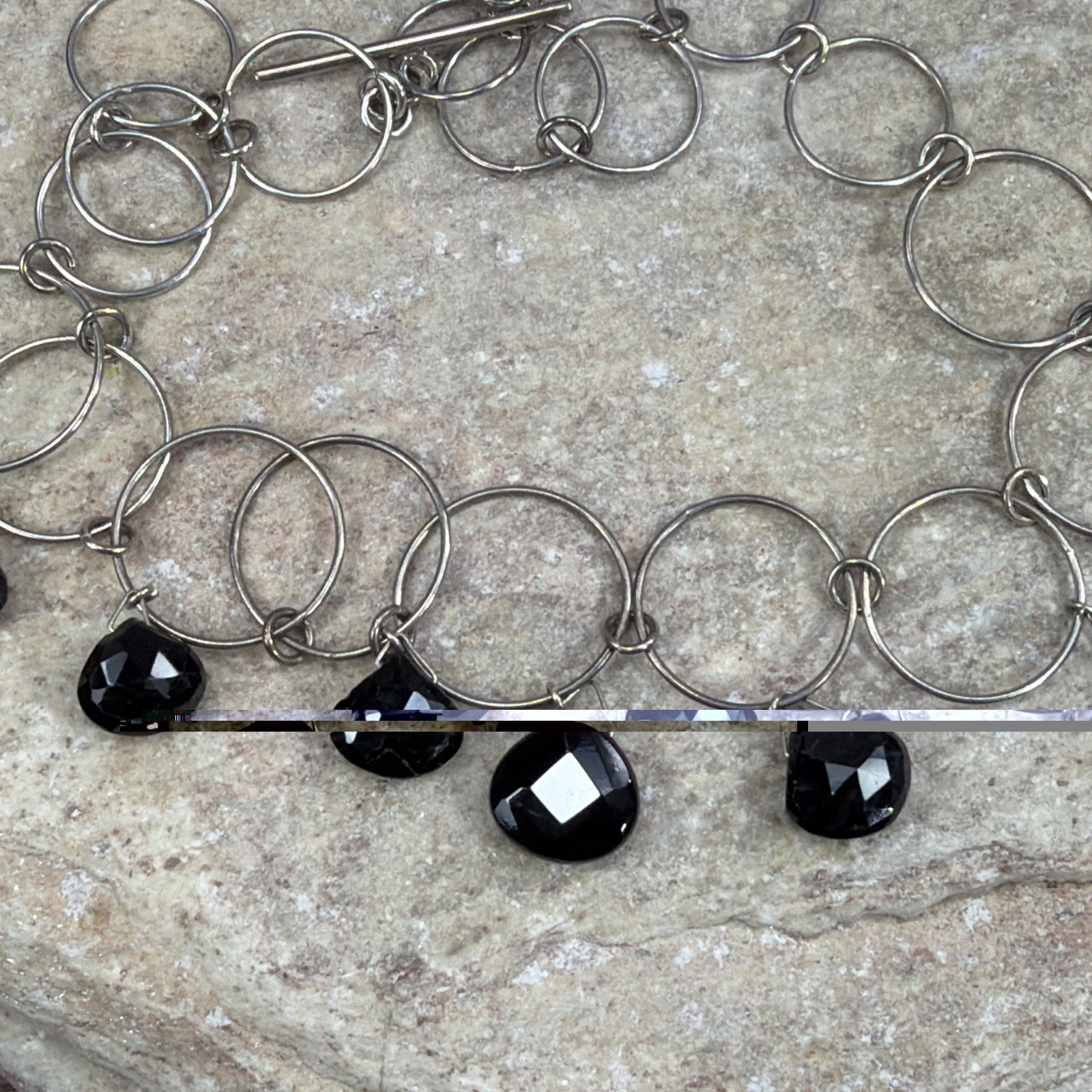 CHAN LUU Layered Necklace Silver Circle Strand Black faceted Crystal Boho 15.5″