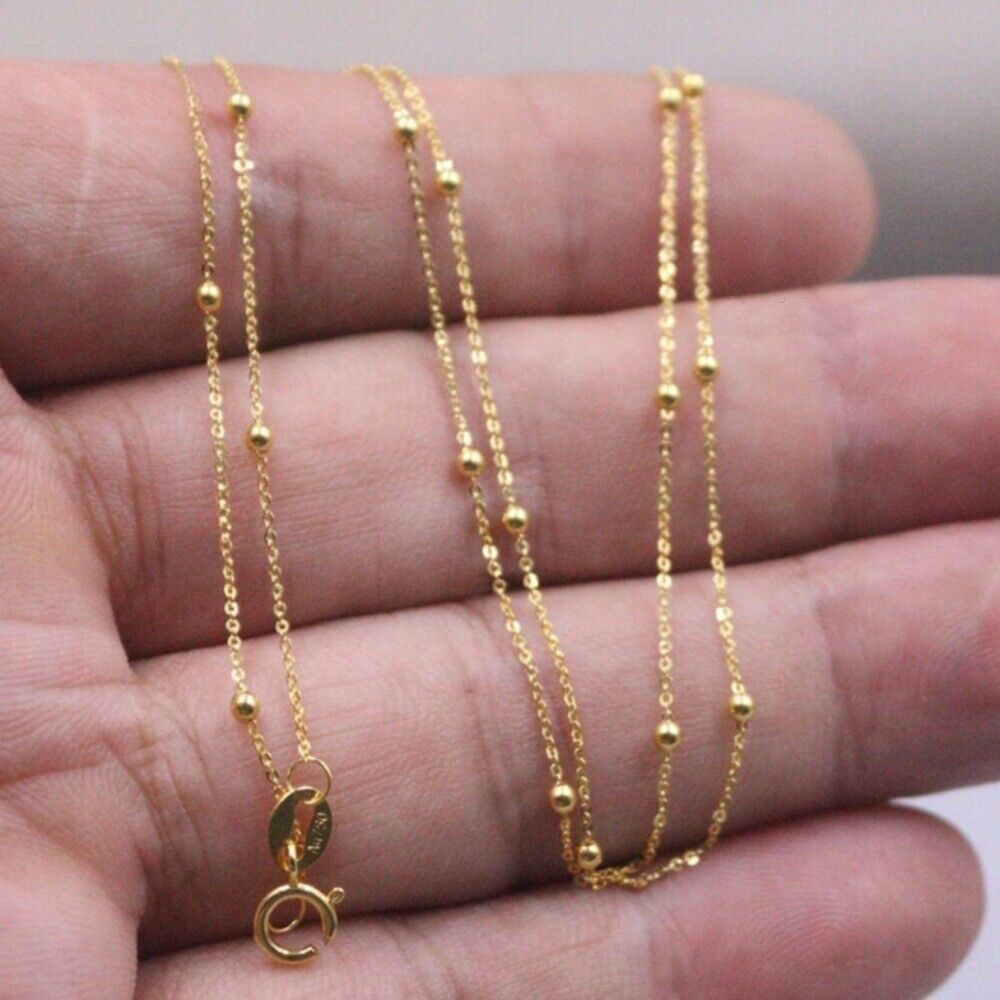 Solid 18K Yellow Gold Pure Au750 Beads Full Star Chain Link Women Necklace 18”