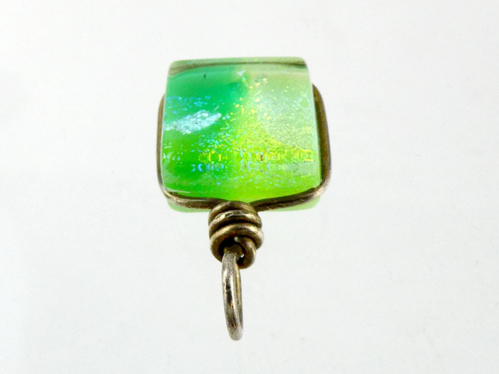 Unmarked Sterling Silver Green Dichroic Glass Wire Wrapped Pendant 8.8g 1 3/8 In