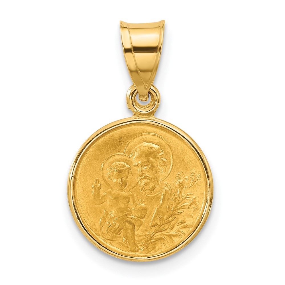 14K Gold Polished and Satin Solid St Joseph Medal Round Pendant; Length 20.6 mm