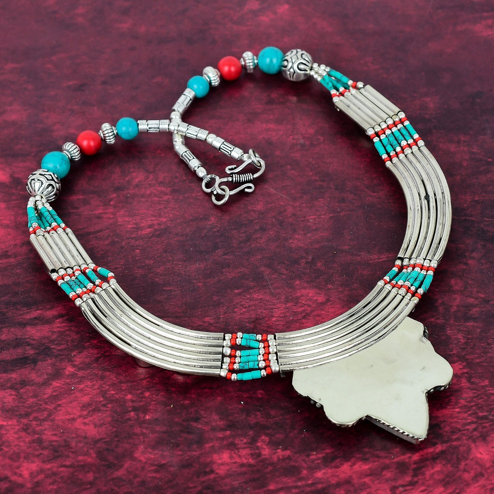 Turquoise Gemstone Handmade 925 Sterling Silver Tribal Nepali Jewelry Necklace