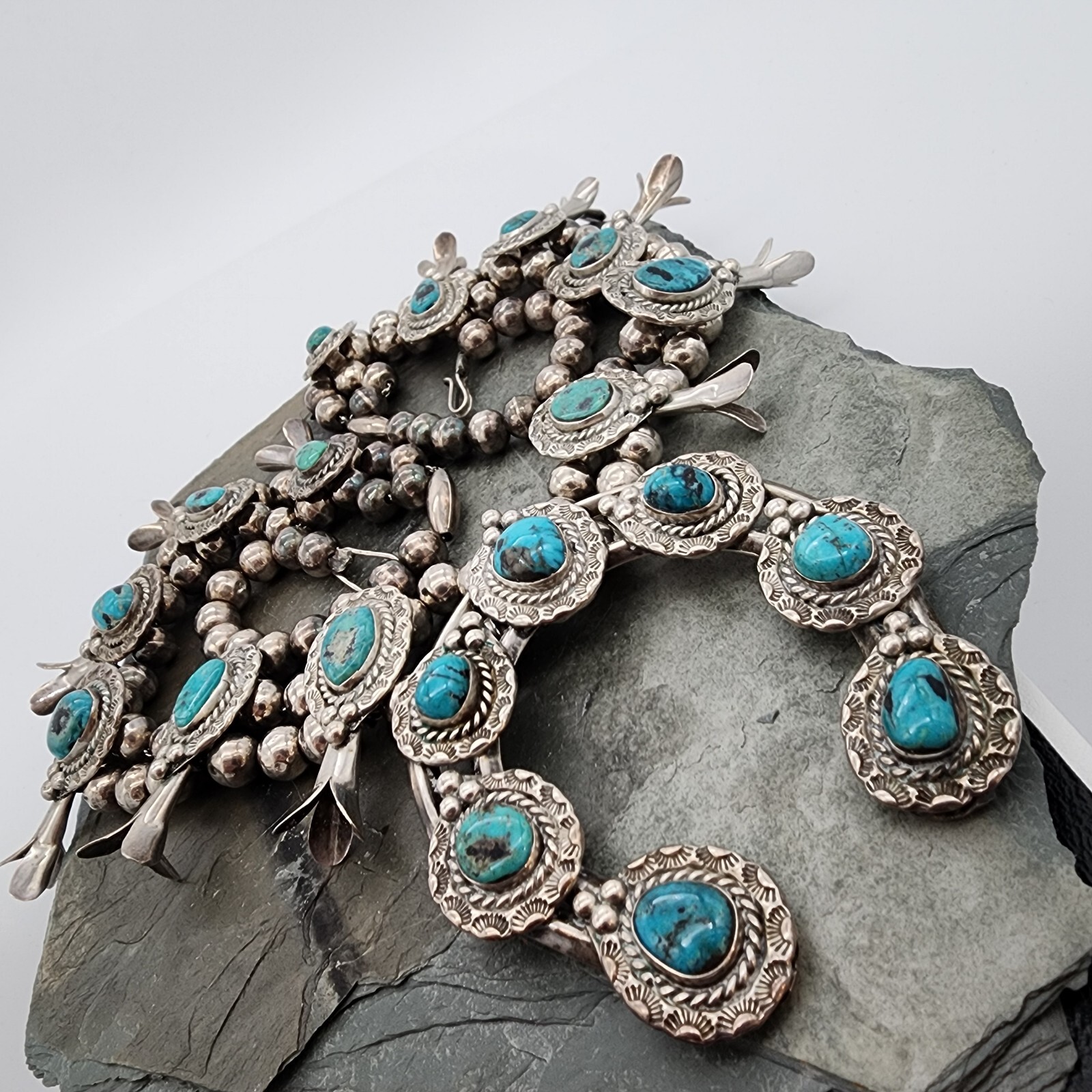 Sterling Silver 925 Navajo Calvin Desson Sleeping Beauty Squash Blossom Ag 24249