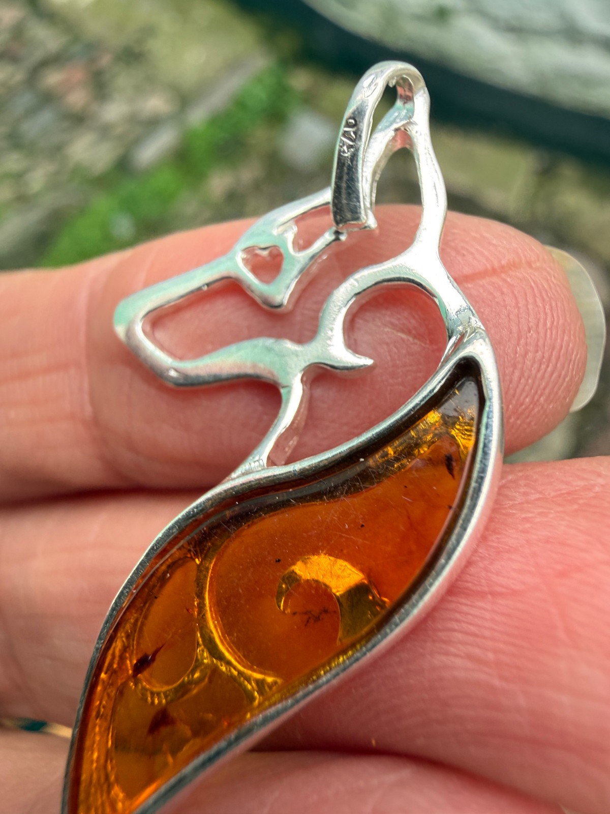 German Shepherd Dog Amber Pendant Crystal Fossil 925 Silver Lithuanian genuine