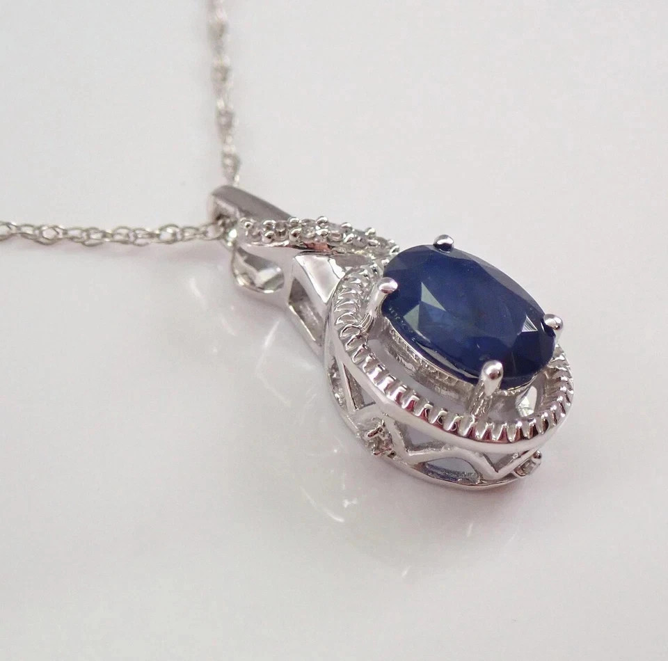 4.30Ct Oval Cut Natural Blue Sapphire & Diamond 14K White Gold Luxurious Pendant