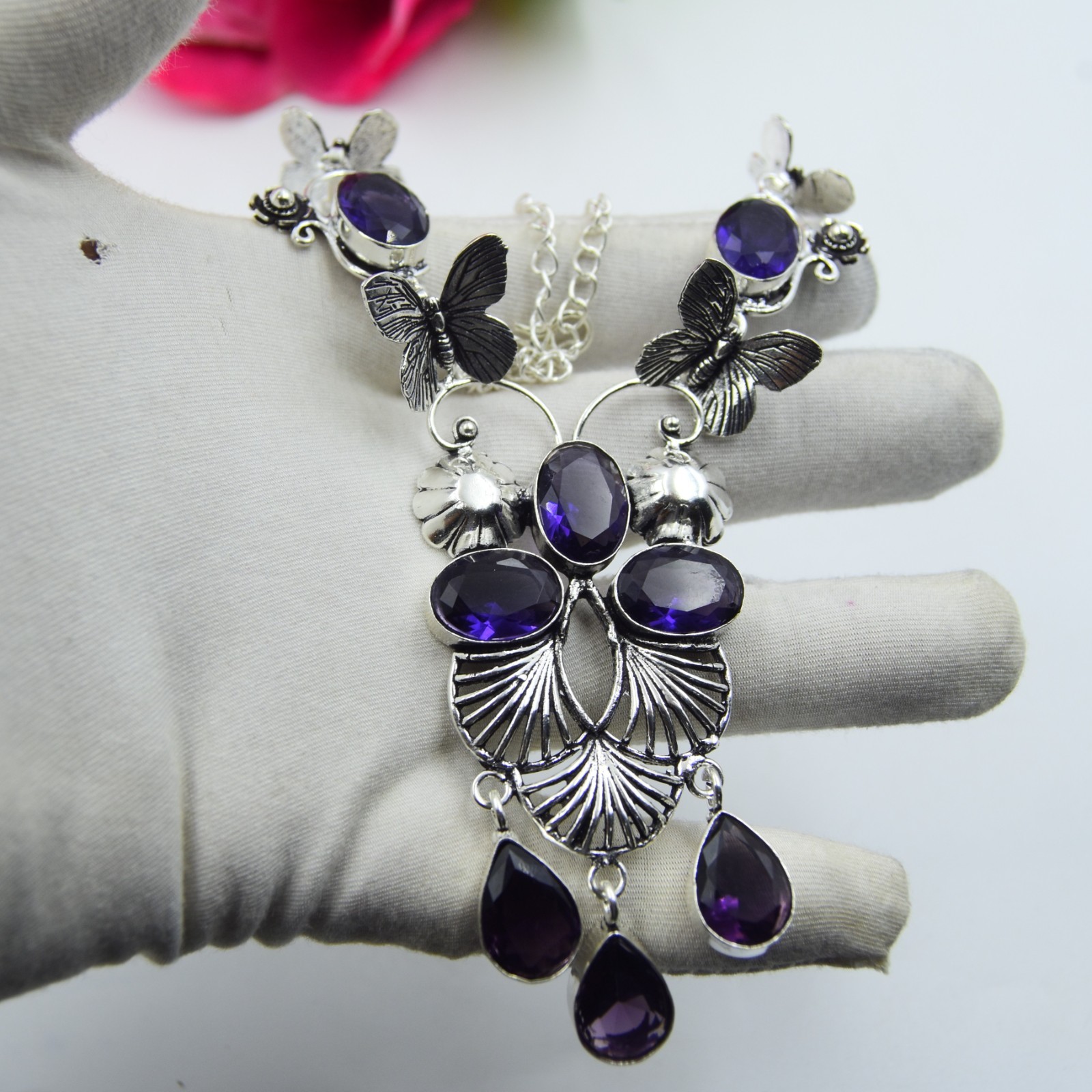 Purple Amethyst Gemstone Handmade 925 Sterling Silver Jewelry Necklace Sz-17-18″