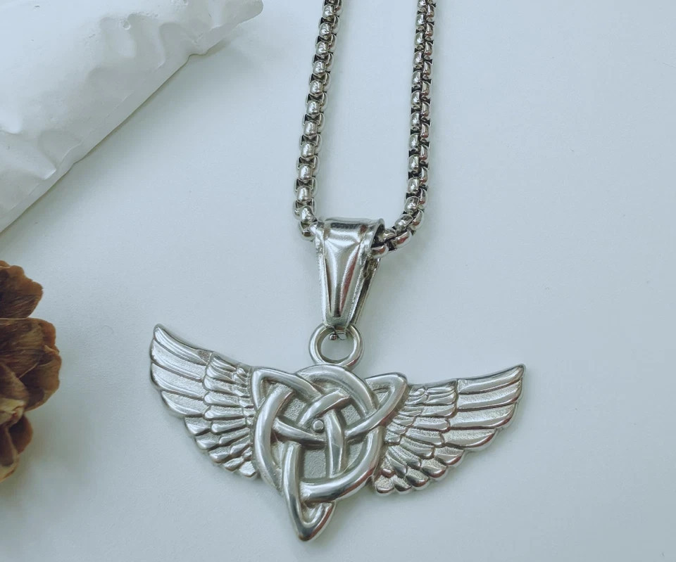 925 Silver Celtic Knot Wings Pendant Necklace For Men 14 K Yellow Gold Plated
