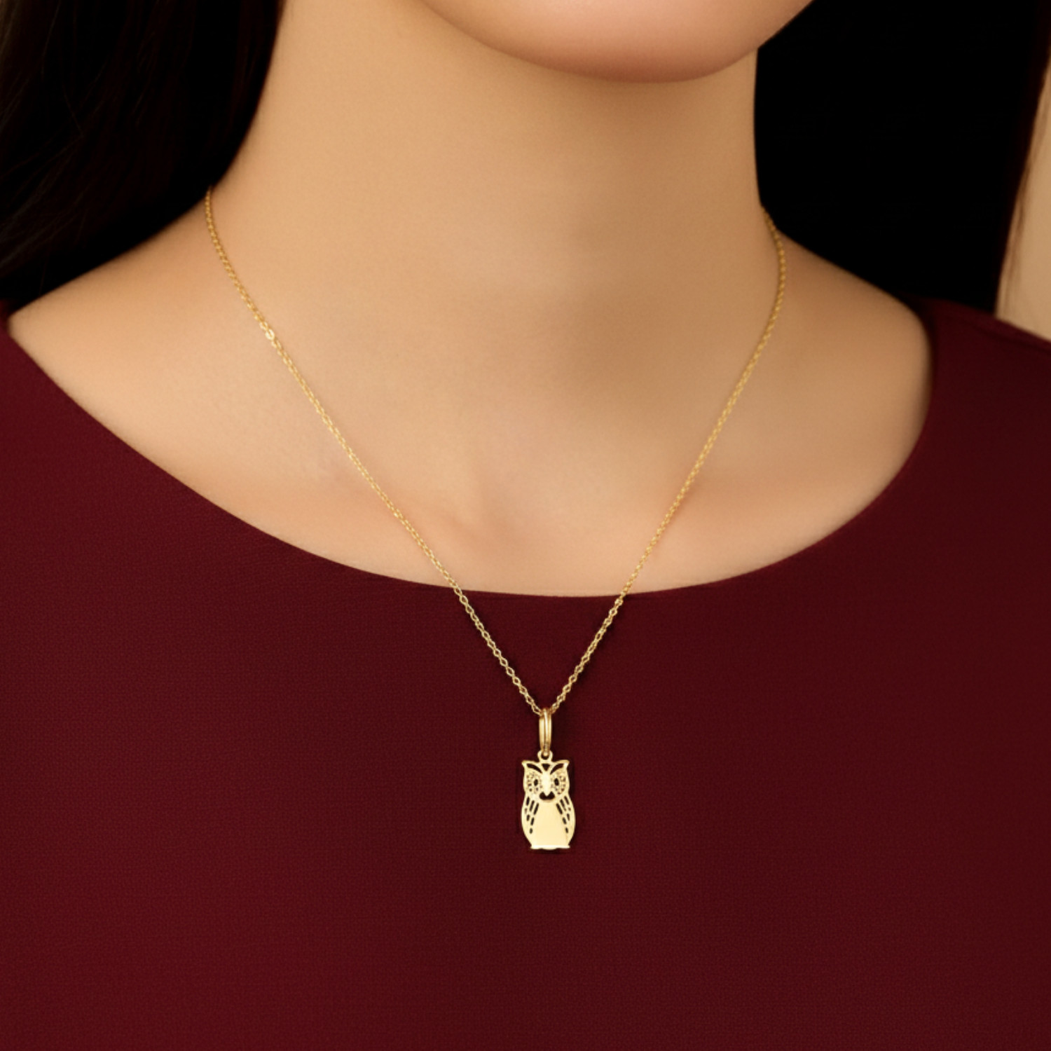 14K Real Solid Yellow Gold Dainty Owl Pendant Charm Necklace 18 in