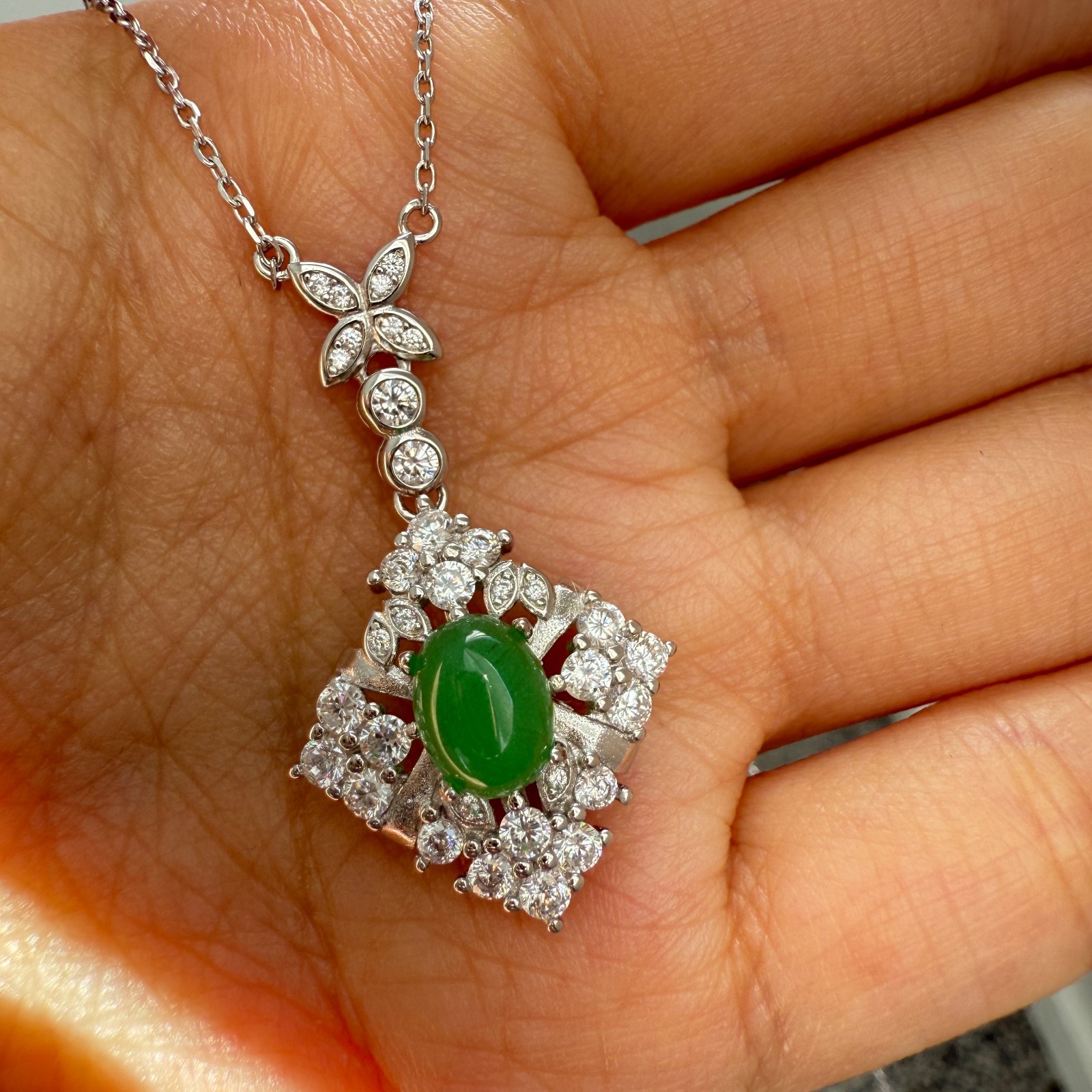 925 Sterling Silver Necklace 8x6mm Natural Emerald Gemstone Zircon Flower Chain