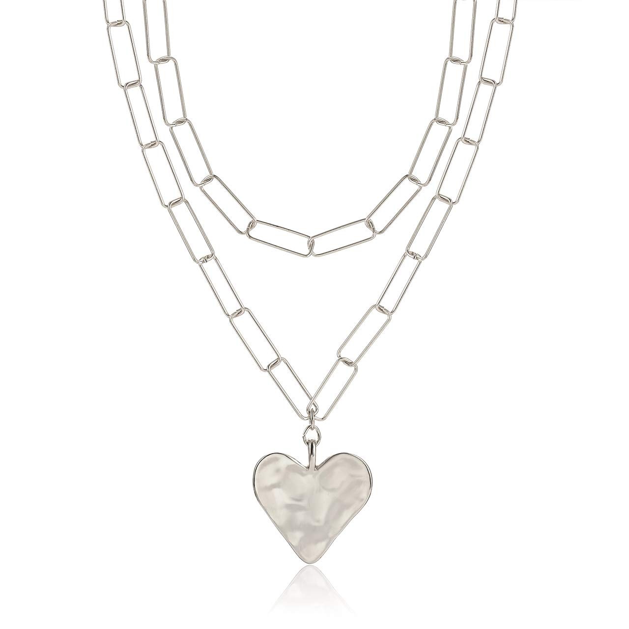 Layered Rectangle Paper Clip Chain Link Choker Statement Hammered Heart Pendant