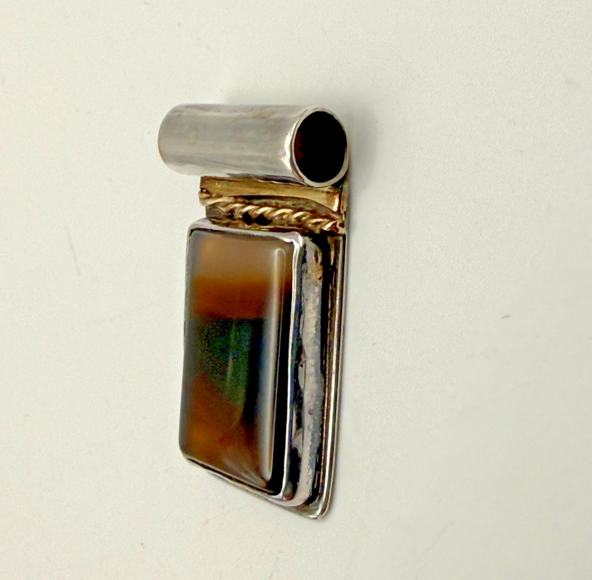 Vintage Italy 14K Sterling Silver Banded Stone Slide Pendant Mixed Metal