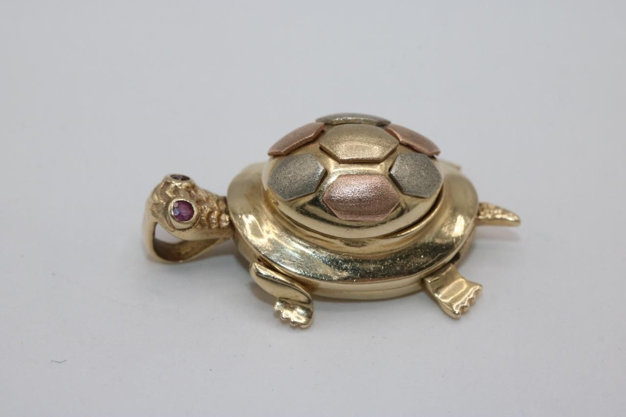 14K Tri Color Gold Turtle Pendant Charm with Red Stones Religious Virgin Mary