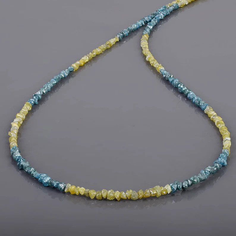 Natural Blue Diamond And Yellow Diamond Beads Nuggets 925 Silver Necklace