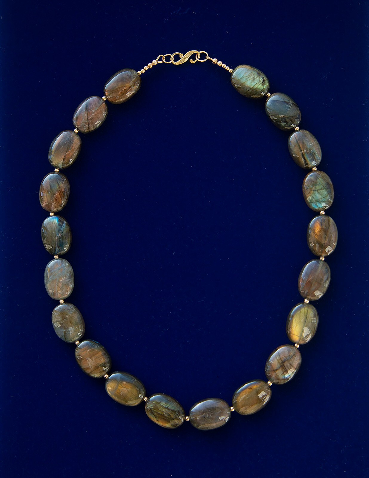 19″ Labradorite oval shape Beads Necklace with Gold Filled S hook clasp