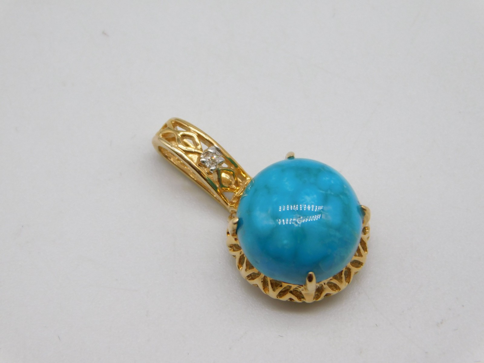 DESIGNER FP 14K SOLID YELLOW GOLD TURQUOISE DIAMOND STONE PENDANT