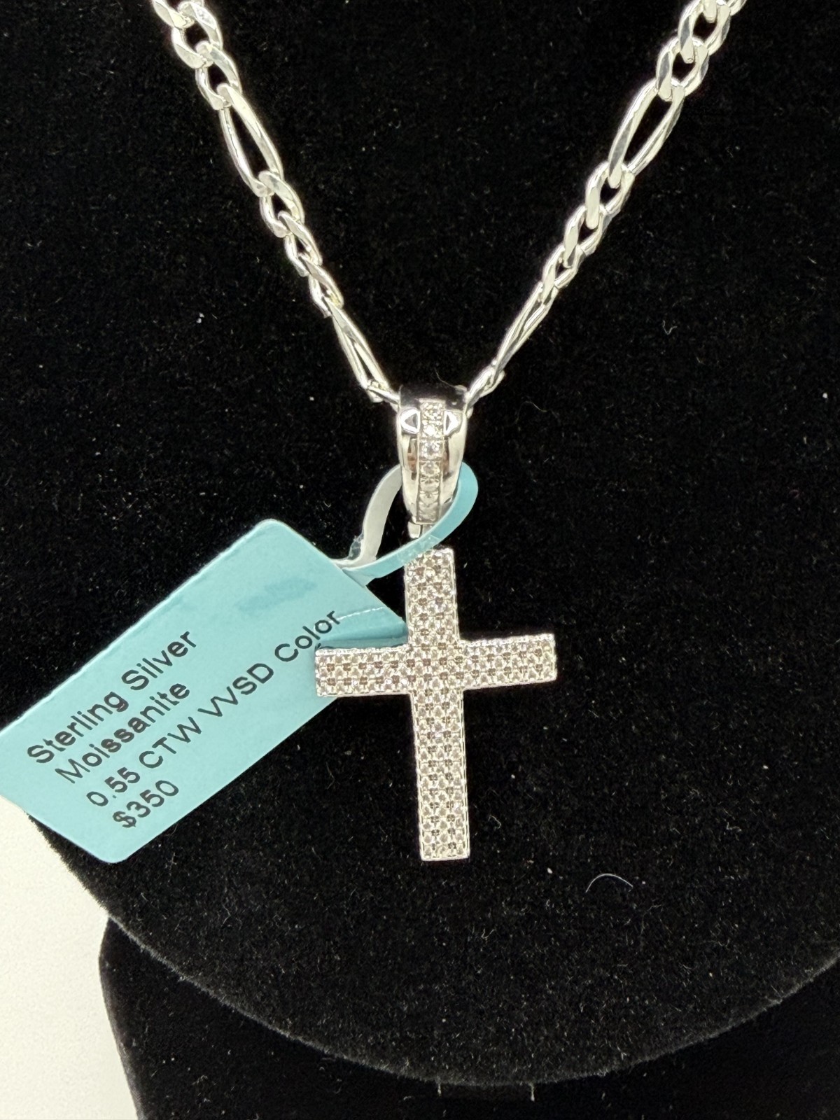 925 Sterling Silver Moissanite Cross Pendant Necklace 0.55CTW VVS D Figaro Chain