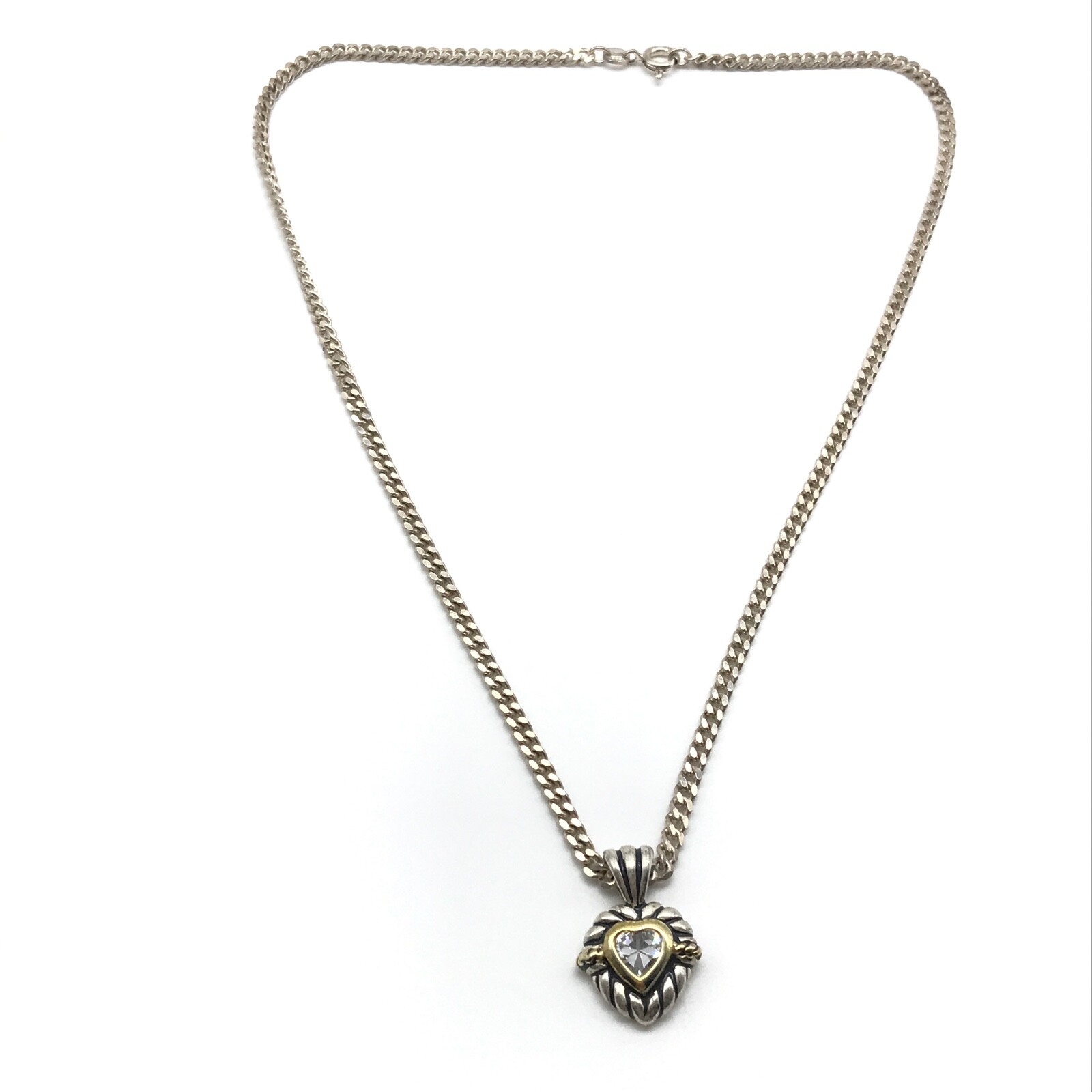 925 Sterling Silver Clear CZ Heart Two Tone Pendant Curb Chain Necklace 18″