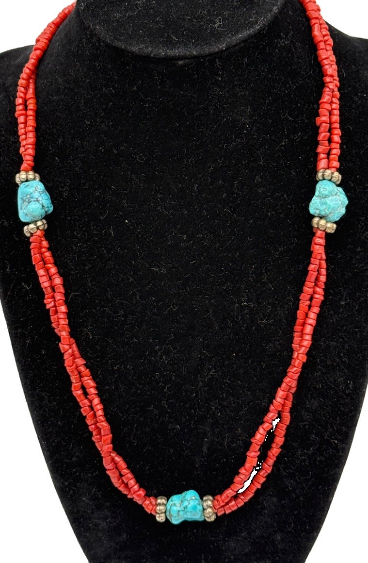 Vintage Southwestern Silver Red Coral & Turquoise Nuggets Handmade Necklace 18”