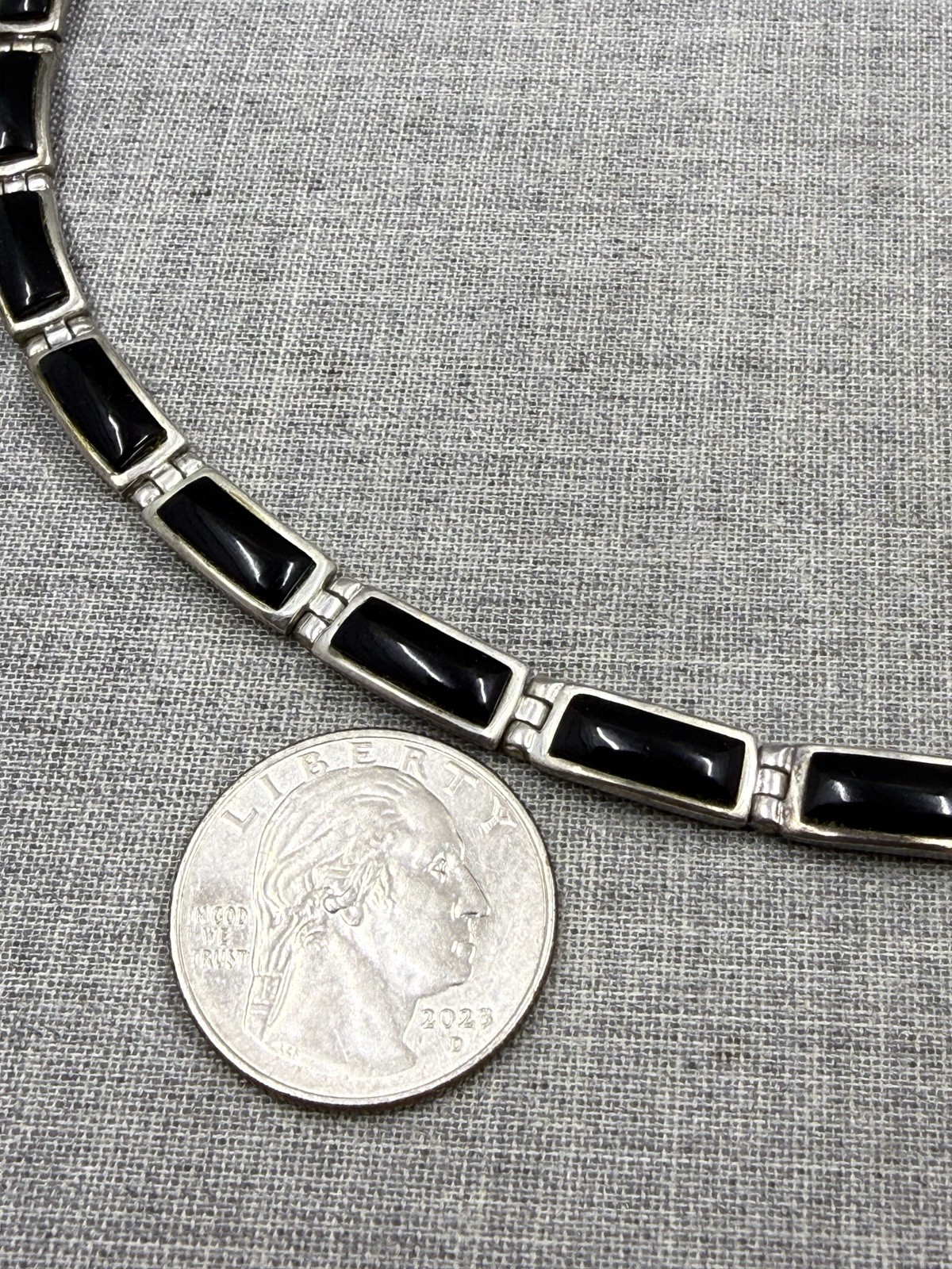 Sanel Onyx Bar Link Sterling Silver .925 Choker Bib Necklace 16″ (41 Grams)