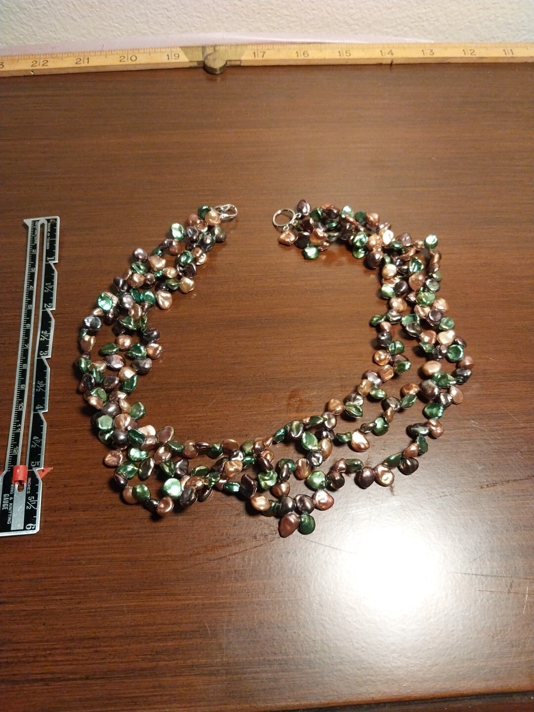925 Signed Triple Strand Green Brown Champagne Pearl Bead Necklace 17in