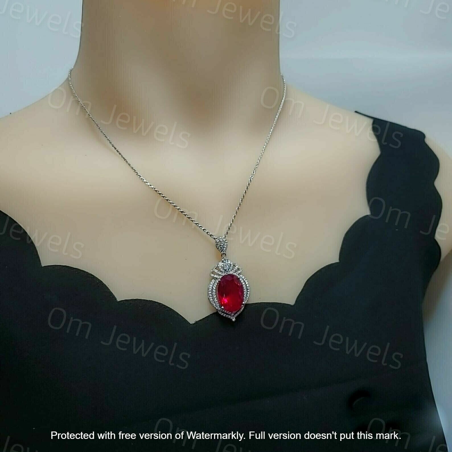 2.50Ct Oval Cut Large Red Ruby Pendant Necklace 14K White Gold Finish Free Chain