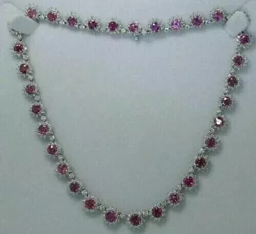 15 Ctw Lab Created Pink Sapphire Tennis Women Necklace 14K White Gold Plated 18″