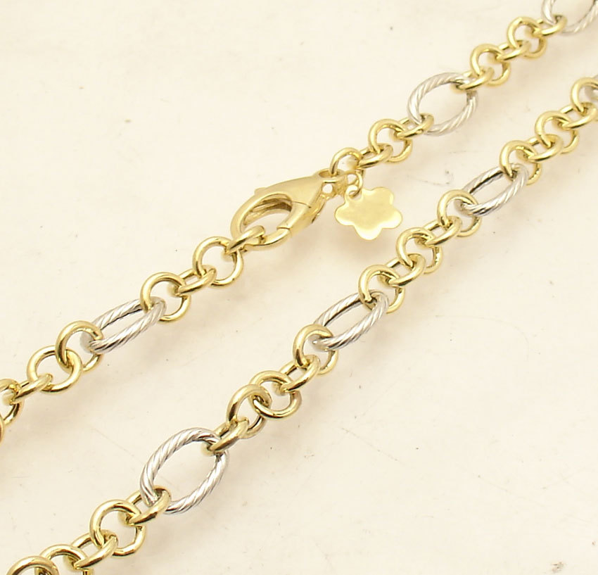 Textured Oval & Circle Rolo Chain Necklace Real 14K Yellow White TwoTone Gold