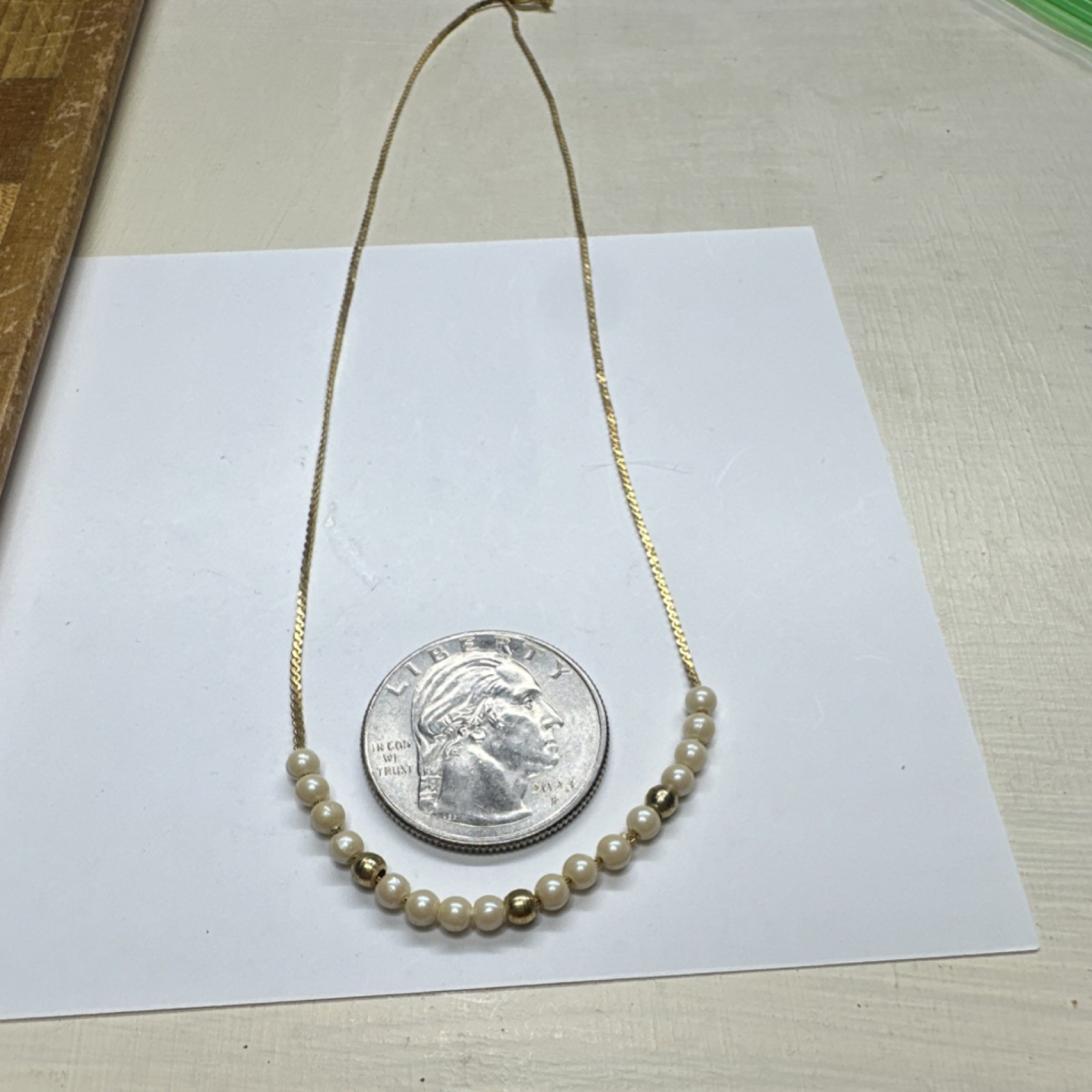Pearl Necklace Yellow Gold Beaded Chain Station Round White 12-18in Spring Ring