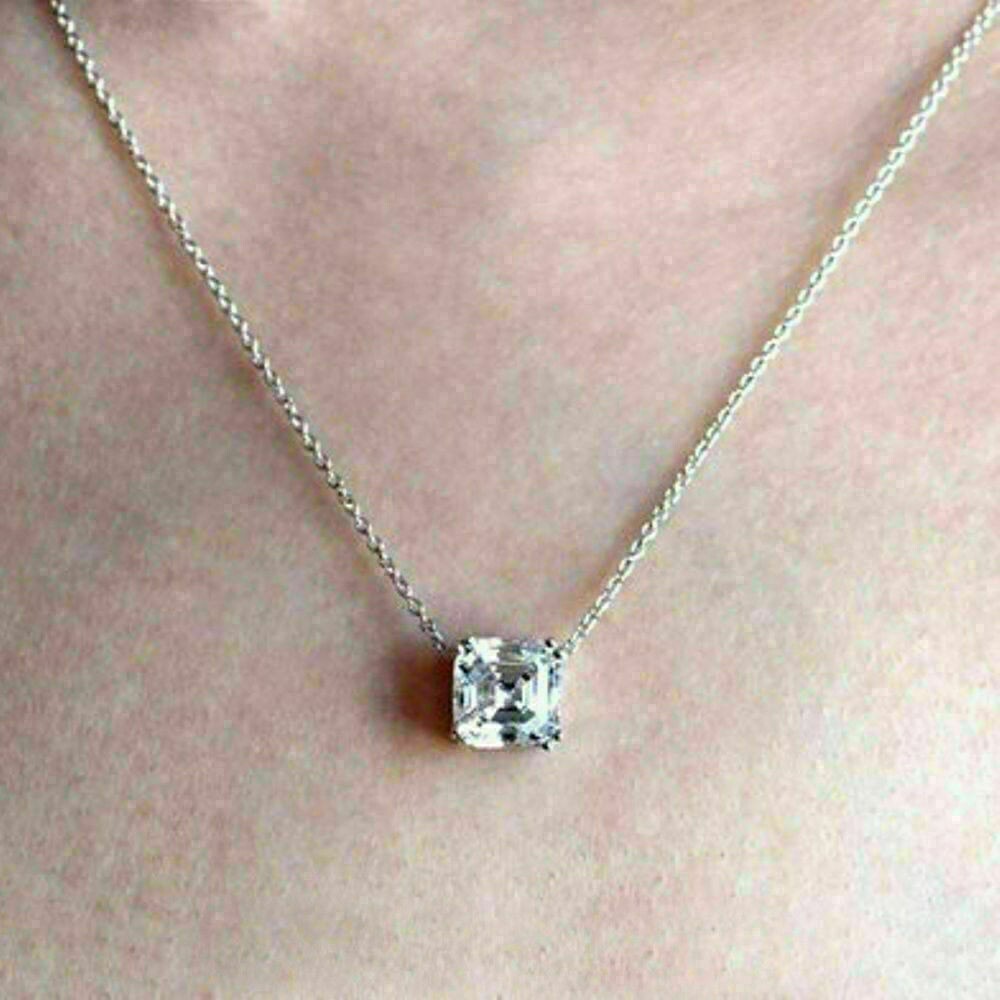 2 Ct Asscher Cut Diamond Solitaire Pendant 18 “Necklace 14k White Gold Finish