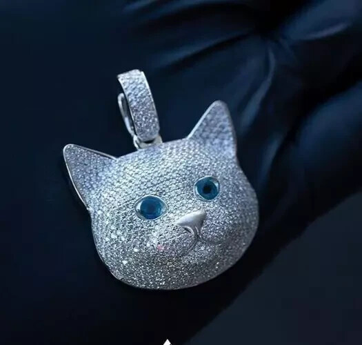 2Ct Real Moissanite Cluster Cat Face Pendant Necklaces 14K White Gold Plated