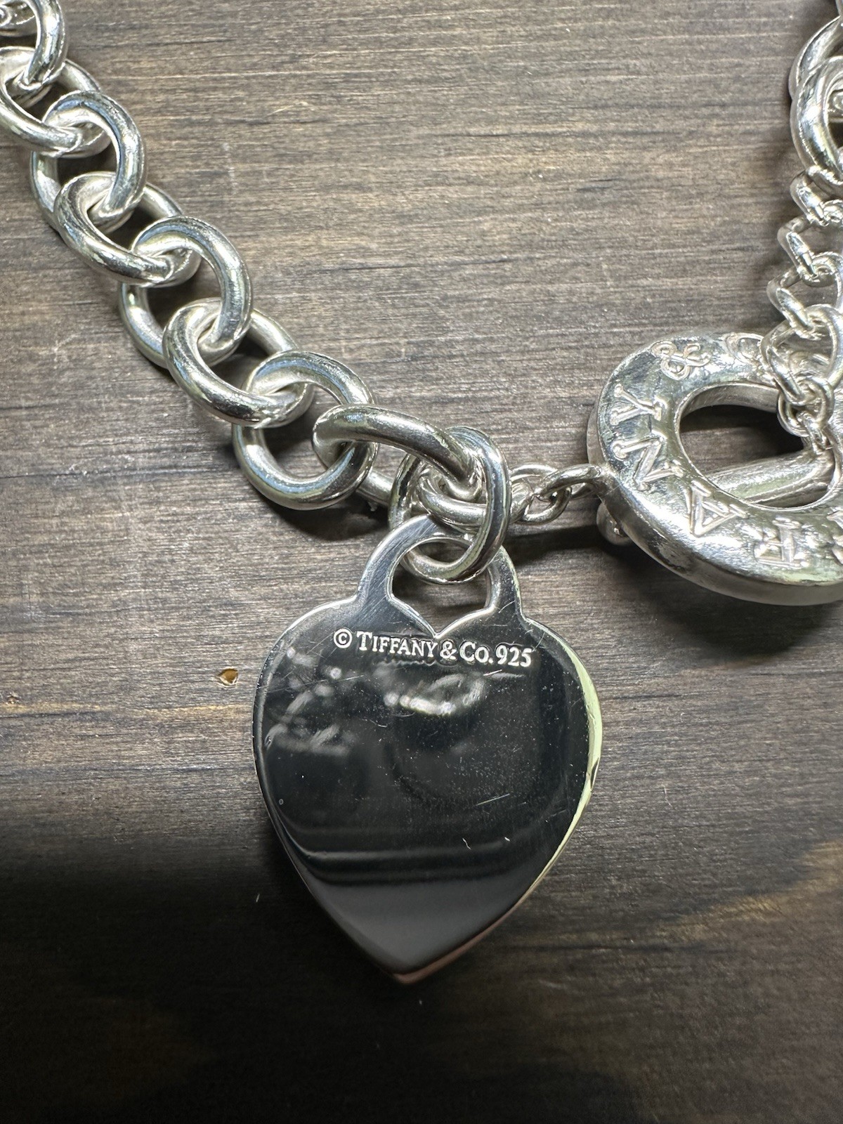 Tiffany & Co. 925 Sterling Silver Heart Tag Charm Toggle Round Link Necklace