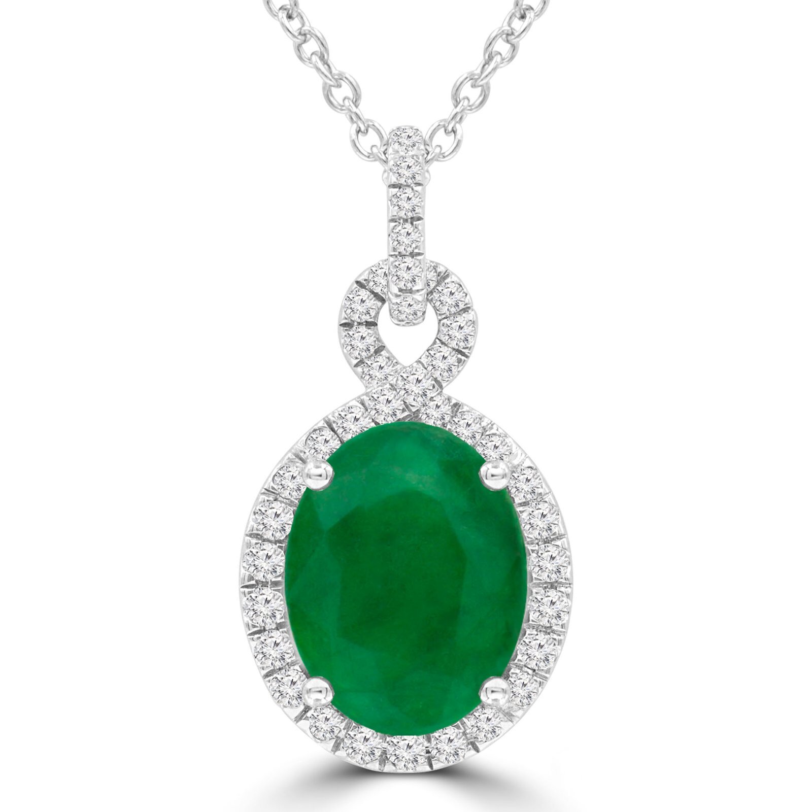 1.66 CT Oval Green Emerald Halo Pendant Necklace 14K White Gold