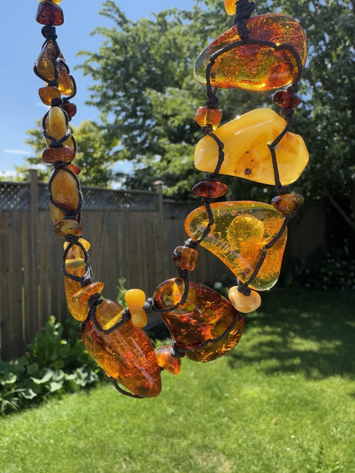 OOAK Natural Baltic Amber Statement Necklace Handmade Freeform Slab Macrame