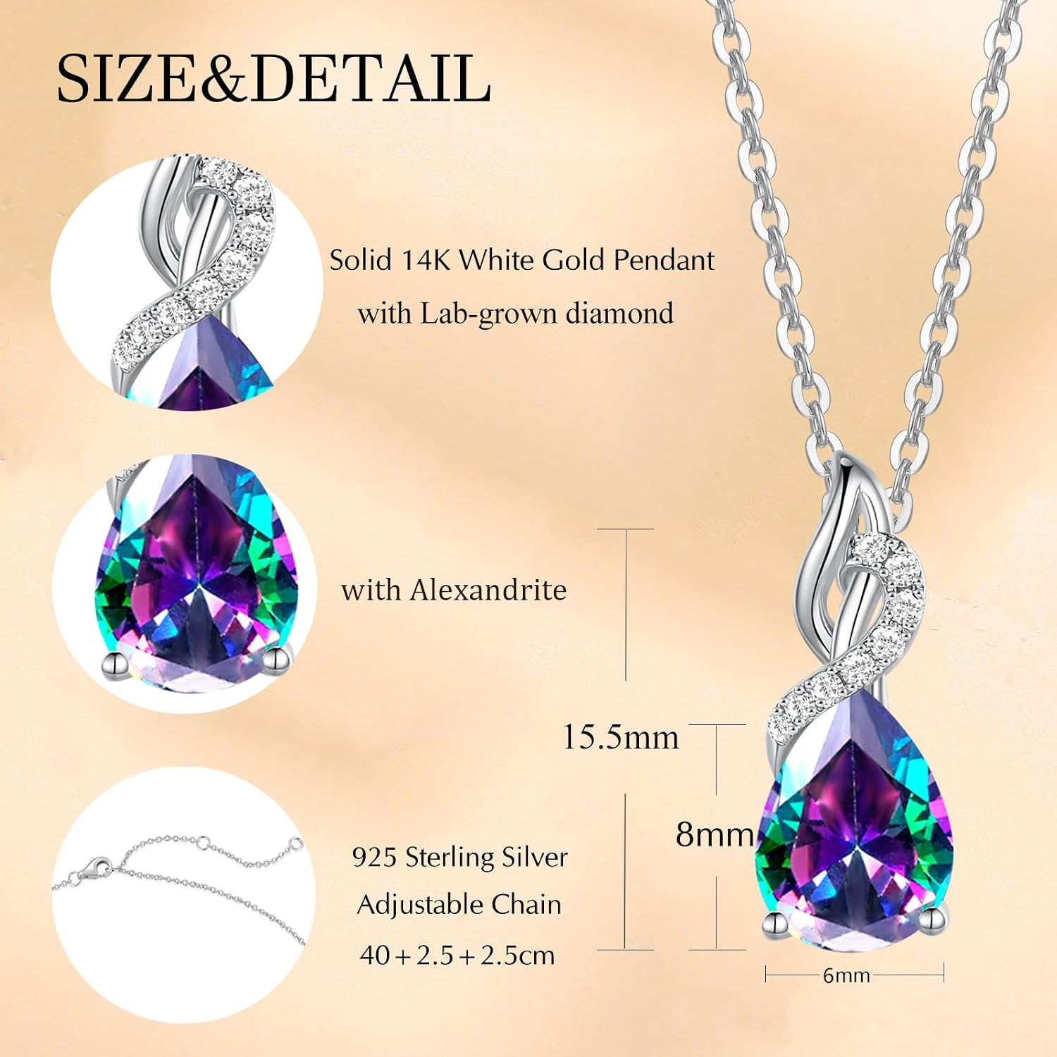 14K Solid White Gold Teardrop Pendant with Diamond Birthstone Necklace