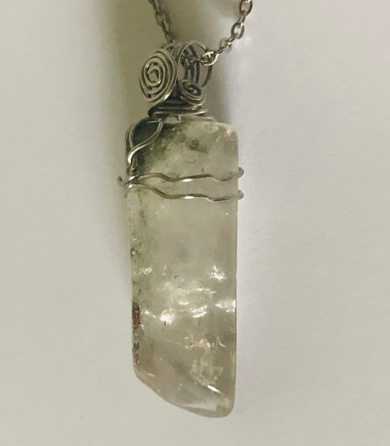 Green Phantom Quartz Crystal Point Wire Wrapped Pendant Necklace