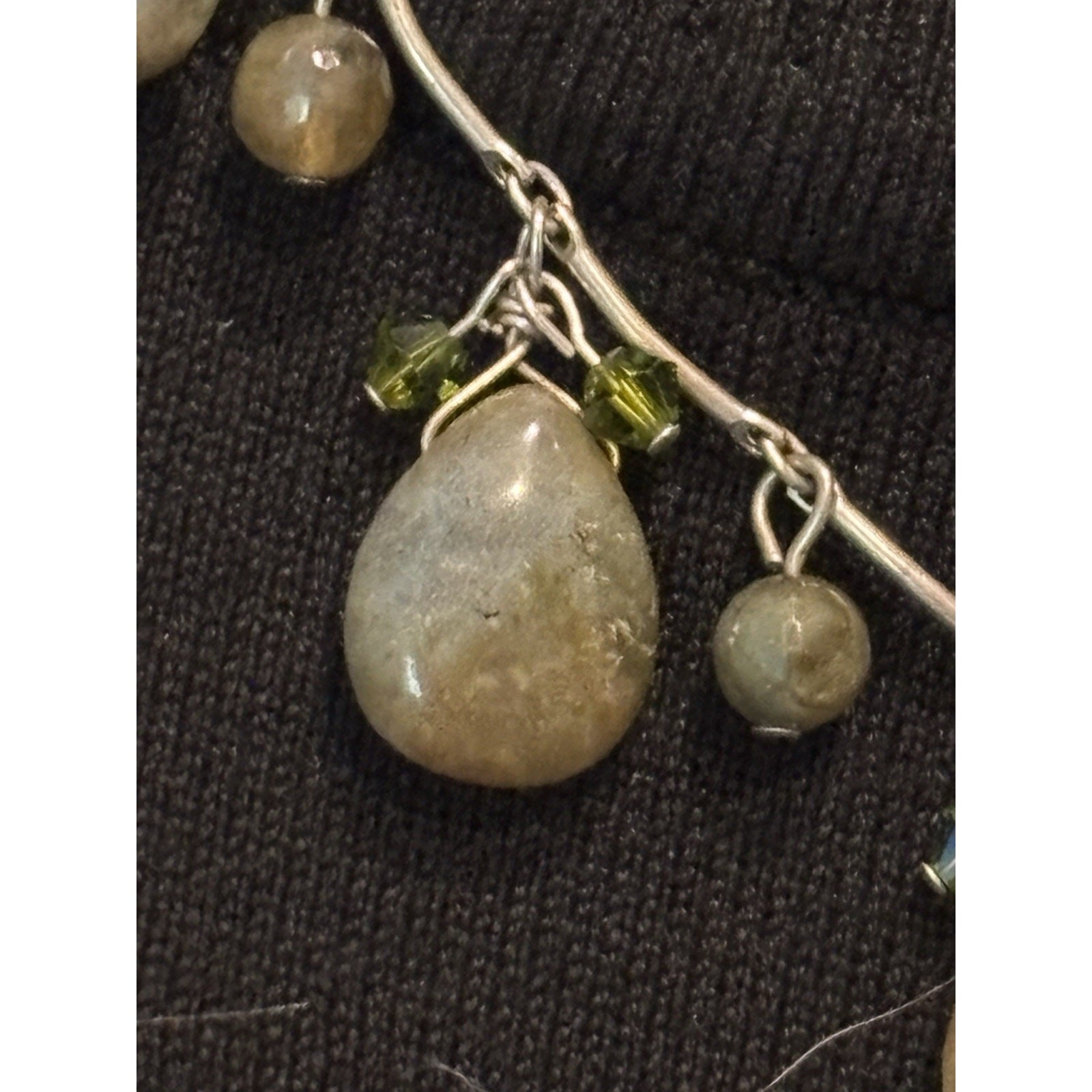 Sterling Silver Bar Link 16” Necklace With Moss Green Agate Dangles 925