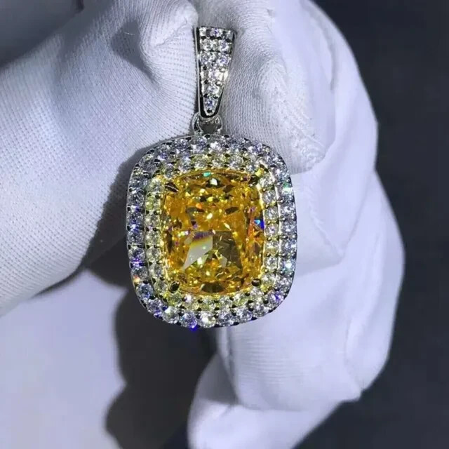 3Ct Cushion Lab Created Citrine Women’s Pendant 14K White Gold Plated Silver 18″
