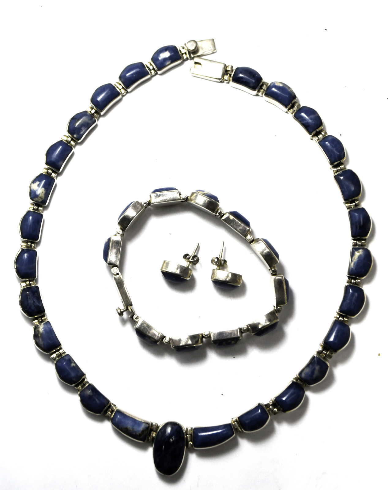 Sterling Blue Sodalite 18″ Necklace 7.5″ Bracelet & 13mm Earrings 135g Set