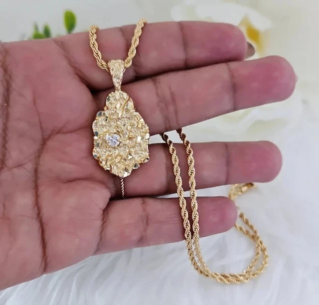 14K Yellow GoldPlatedDiamond Nugget Charm Pendant w/24″ Chain Necklace For Men’s